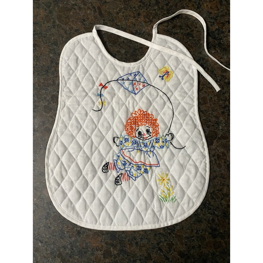 VINTAGE Hand Stitched RAGGEDY ANNE Baby Bib Quilted EMBROIDERED Cross Stitch